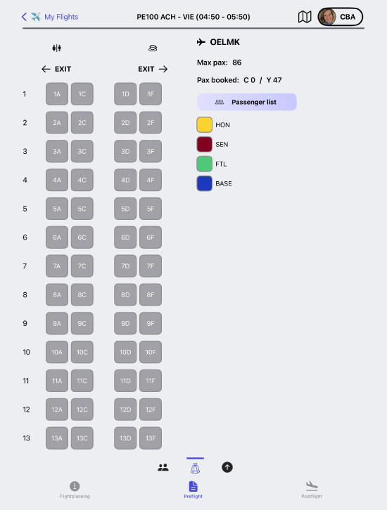 WinOps Cabin Crew Mobile App seat map with passenger status tags